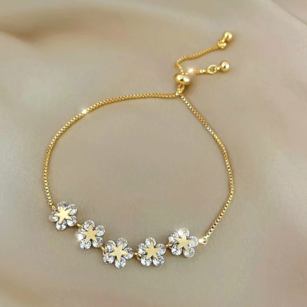 Crystal Flowers Gold Stars Bracelet Floral Rhinestone Tennis Charm Adjustable